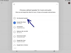Screenshot of the -Choose a Default Speaker- page, with the -Pair Bluetooth Speaker- option highlighted. Sony XB10 Google Assistant Pairing.