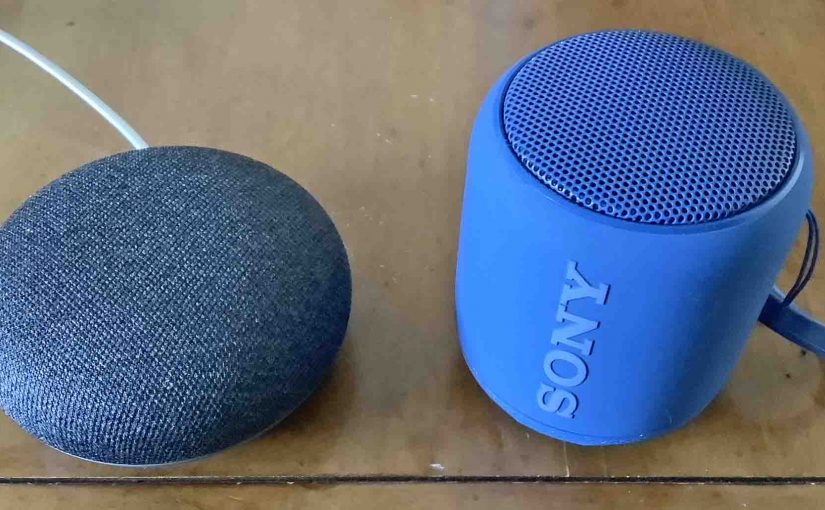 A Google Home Mini beside a Sony SRS XB10 speaker.
