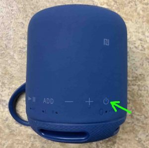 Picture of the Sony Bluetooth Speaker SRS-XB10 Bluetooth speaker, showing the -Power- button.
