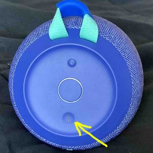 Picture of the top of a common Ultimate Ears speaker. showing the dark Power button, highlighted.