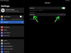 Screenshot of the iPadOS Bluetooth page, showing the speaker as connected.