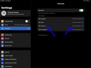 Screenshot of the iPadOS Bluetooth Settings page, showing the JBL Xtreme 2 speaker as not connected and highlighted. How to Change JBL Xtreme 2 Name.