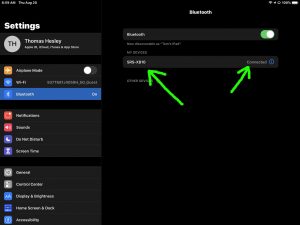 Screenshot of the iPadOS Bluetooth page, showing the Sony SRS XB10 speaker connected.