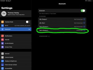 Screenshot of the iPadOS Bluetooth page, showing the Tom's Xtreme 2 speaker connected and circled.