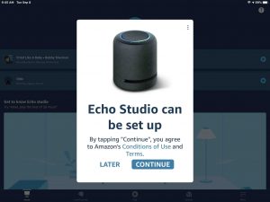 Screenshot of the Alexa app on iPadOS, prompting to set up the Echo Studio smart speaker. How to Connect Echo Studio to WiFi.