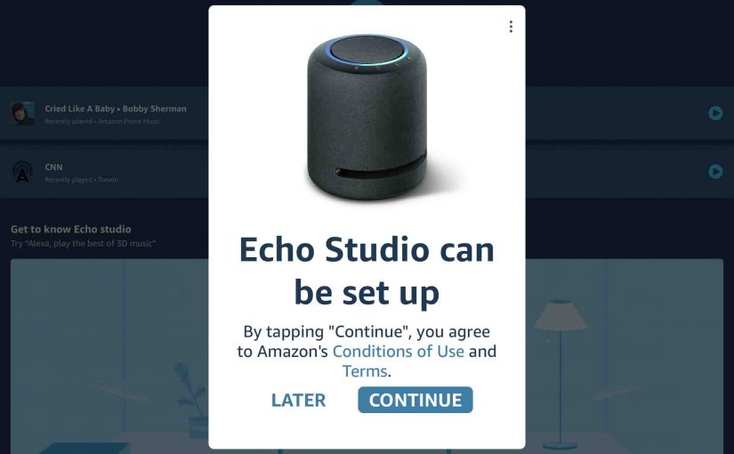 Screenshot of the Alexa app on iPadOS, prompting to set uP the Echo Studio smart speaker.