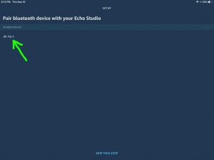 Screenshot of the Alexa app on iPadOS, displaying the -Pair Bluetooth Device with your Echo Studio- page, showing a JBL Flip 5 Bluetooth speaker as discovered.