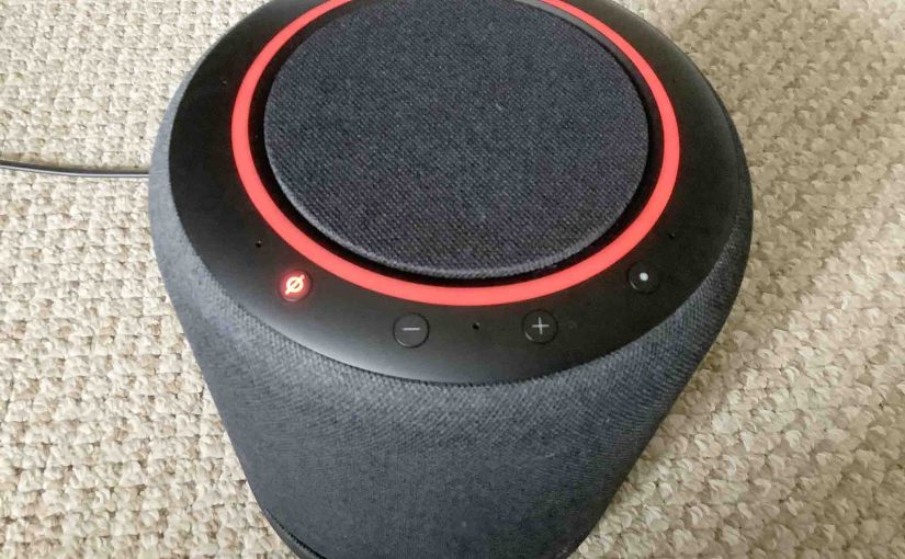Picture of the red glowing light ring on the Echo Studio Alexa speaker.