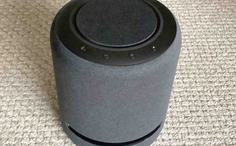 Picture of the front and top of the Echo Studio Alexa speaker.