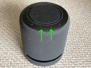 Picture of the front top of the Echo Studio Amazon speaker, showing the Volume DOWN and UP buttons. How to Adjust Volume on Echo Studio.