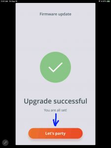 Screenshot of the app displaying the -Firmware Update-Upgrade Successful- page, with the -Let's Party- button highlighted. JBL Flip 5 Firmware Upgrade.