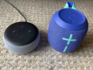 Front picture of the Wonderboom 2 Bluetooth Speaker Beside an Alexa Echo Dot 3 Smart Speaker. Wonderboom 2 Firmware Update.