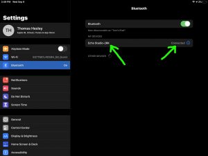 Screenshot of the iPadOS -Bluetooth Settings- page, showing an Echo Studio speaker as connected.