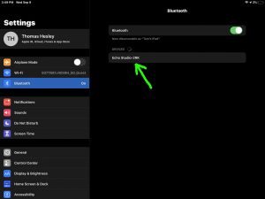 Screenshot of the iPadOS -Bluetooth Settings- page, showing an Echo Studio speaker discovered.