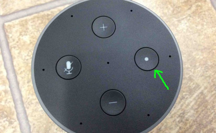 Picture of the Amazon Alexa Echo 2 speaker top view, showing the -Action- button highlighted.