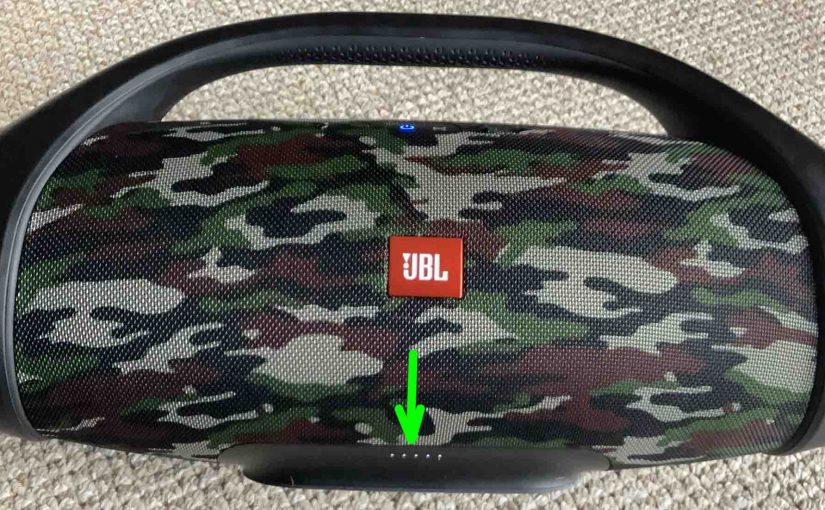 Front view of the JBL Boombox BT speaker, showing the battery level gauge, which is reading full charge in this picture.