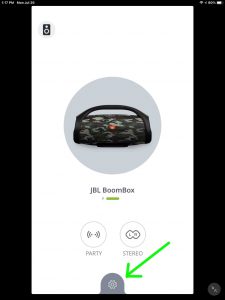 JBL Connect app, showing the -Boombox 1 Home Page- with the -Settings- button, with no red dot.