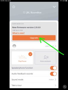 Screenshot of the JBL Boombox 1 New Firmware page with the -Upgrade- link highlighted.