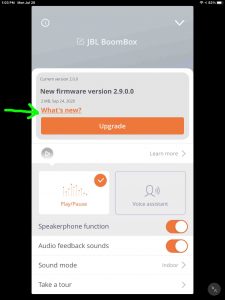 The JBL Connect app, showing the Boombox New Firmware page, with the -What's New- link.