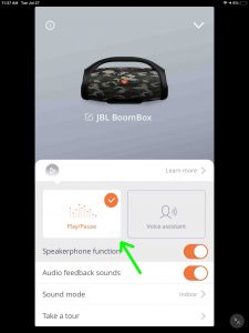 Screenshot of the JBL Connect app on iPadOS. Showing the JBL Boombox Settings page, with the -Play-Pause- button function set to play-pause.