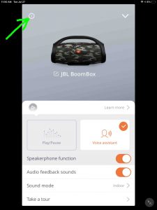 The JBL Connect app, showing the -JBL Boombox Settings- page and the -Information- button.