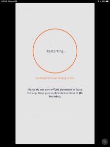 JBL Connect app displaying the -Boombox 1 speaker Restarting- page.