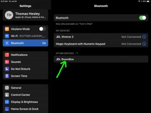 Screenshot of the iPadOS Bluetooth Settings page, showing the JBL Boombox 1 speaker, discovered but not paired.