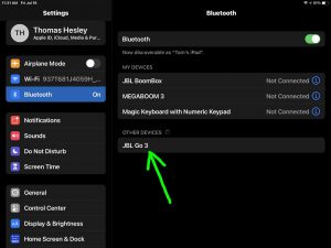 iPadOS Settings page, showing the JBL Go 3 speaker, discovered but not paired.