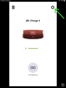 JBL Connect app, displaying the -Settings- gear button on the -Home- page for the JBL Charge 5 speaker.