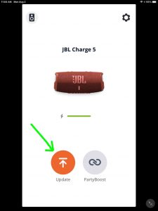 The app Home page for the JBL Charge 5 speaker, with the orange Update button highlighted.