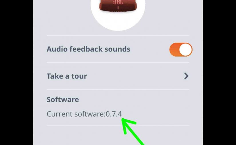 JBL Connect app showing the current speaker firmware version for the JBL Charge 5 on its -Settings- page.