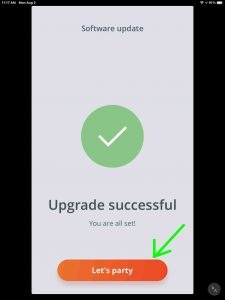 JBL Connect app, showing the -Charge 5 Firmware Update Successful- page, with the -Let's Party- button highlighted.