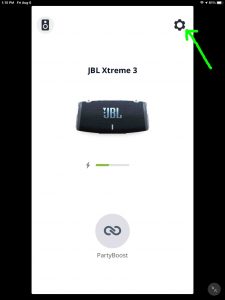 The JBL Connect app displaying the JBL Xtreme 3 -Home- screen, showing the -Settings- gear.