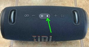The -Bluetooth- button glowing on the JBL Xtreme 3 speaker.