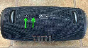JBL Xtreme 3, top view, showing the -Volume Down- and -Connect Plus- buttons.
