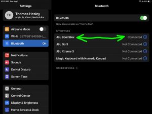 Picture of the -Bluetooth Settings- page on iPadOS, showing the JBL Boombox speaker as connected.