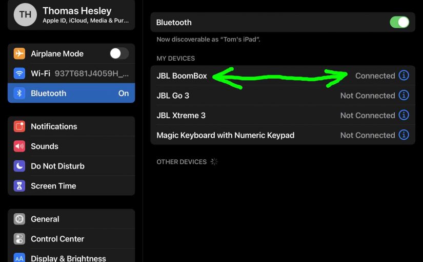 Picture of the -Bluetooth Settings- page on iPadOS, showing the JBL Boombox speaker as connected.