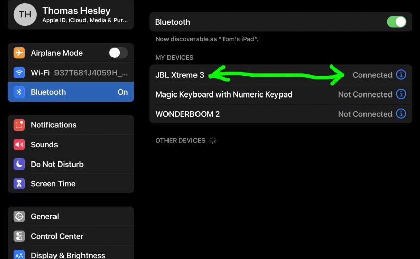 iPadOS -Bluetooth Settings- page, showing the JBL Xtreme 3 as connected.