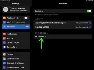 The iPadOS -Bluetooth Settings- page, showing the JBL Xtreme 3 speaker discovered, though not connected.