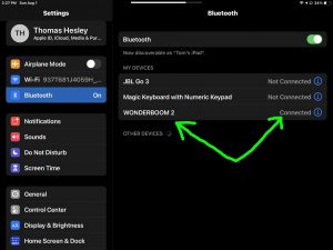 iPadOS Bluetooth Settings page, showing the test UE speaker as connected.