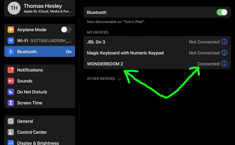iPadOS Bluetooth Settings page, showing the UE Wonderboom 2 speaker as connected.