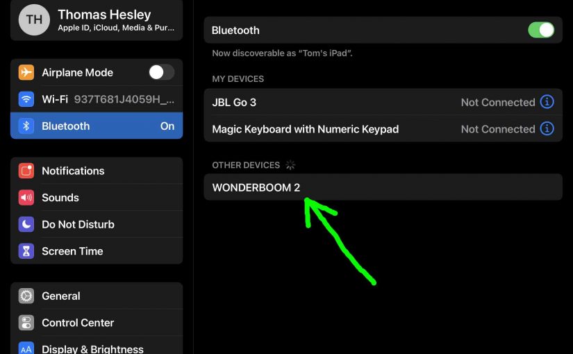 iPadOS Bluetooth Settings page, showing the UE Wonderboom 2 speaker as discovered but not connected.