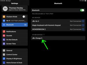 Picture of the iPad BT Settings page, showing the JBL Bluetooth speaker as discovered.