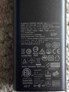 JBL Extreme 2 charger, back, close up view , showing its specs.
