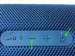 Picture of the Sony SRS XB31 speaker, showing the Volume DOWN and Power buttons.
