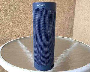 Front view of the Sony SRS XB23 speaker, standing up.