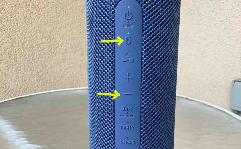 Picture of the -Power- and -Volume DOWN- buttons on the Sony SRS XB23 speaker.