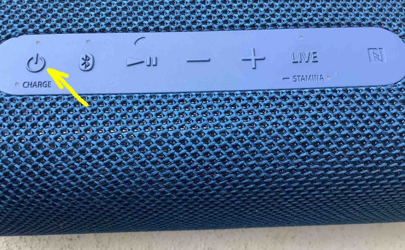 The -Power- button on the Sony SRS XB33 speaker.