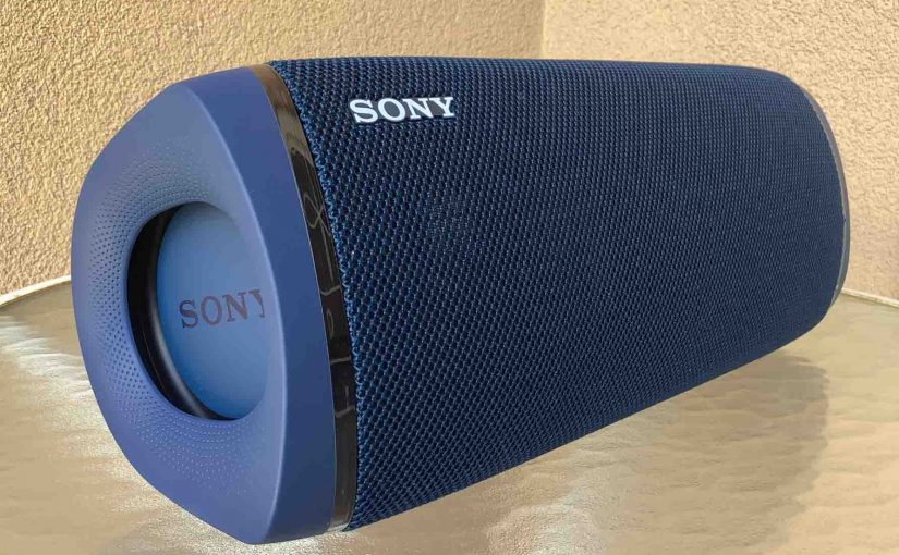 Left front view of the Sony SRS XB43 Bluetooth speaker.
