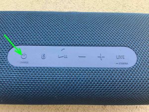 Picture of the Sony SRS XB43 speaker in OFF state, showing the -Power- button. How to Check Sony SRS XB43 Battery Life.